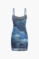 Illusion Pattern Mesh Slip Sleeveless Slit Mini Dress